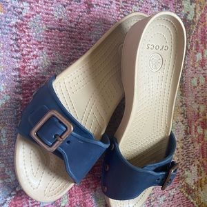 Navy blue and tan crocs